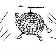 a robot that looks like a disco ball, hanging from a ceiling. has its eyes closed and a big smile on its face as it swings little gloved hands snd kicks its feet which have tiny, sparkly platform boots on.