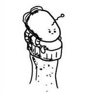 A small robot shaped like a capsule on its side with rocket boosters at the back. It has four arms on the bottom side which are clamped down on a screw cap for a bottle full of something fizzy. Its expression is determined and it has a small antenna.