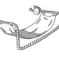 A spherical robot with a propeller on its top and banded arms. One arm is a normal length and waving while the other extends ludicrously directly away from its body, down and along the ground then back up and across again to form a large frame from which a hammock is hung. Its long arm has another little waving hand at the end.