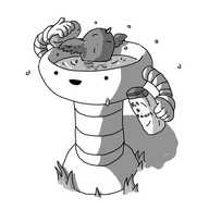 A robot in the form of a birdbath. The bowl is its head, while the plinth and base are like one big, banded leg. It has two arms on either side, one of which is sponging a bird bathing in it while the other holds a bottle labelled "Bill & Pinions".