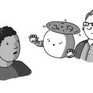 A spherical robot held aloft by a propeller on its top, floating between two people who are looking angrily at one another. It's holding up its hands with a worried expression on its face.