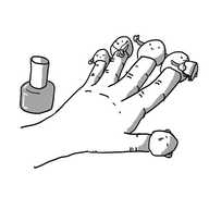 A person's hand outstretched, palm downwards, beside a jar of nail polish. On the tip of each finger is a little rounded robot with two arms. The thumb robot is relaxing with its hands behind its head, the index finger is reading a book, the middle finger is waving, the ring finger is listening to headphones and the little finger is asleep.