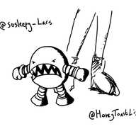 A spherical robot standing in front of someone with its fists clenched and its little feet planted firmly on the ground. It has a big, wide mouth full of pointed teeth and angry eyes.