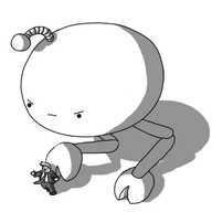 A large, ovoid robot with two jointed, bird-like legs and a banded antenna, using one of its cloven feet to push over a suited man with a overly long tie and ridiculous hair, while staring balefully down at him.