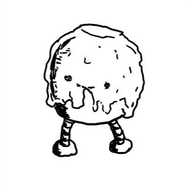 a smiling round robot with little legs that's dipped in hardened toffee like a toffee apple.