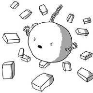 A big spherical robot suspended on a chain, hurtling through bricks flying in all directions. It has two little arms on either side and an angry, shouting face.