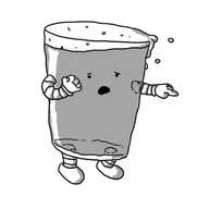 A robot in the form of a pint of beer with arms and legs. It's walking a little unsteadily, spilling foam from its top, and is pointing with one hand while the other is clenched. Its eyes are a little wonky and its mouth is open and slightly contorted as if its feeling sick.
