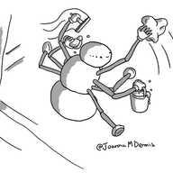 A robot in the form of a spider with two ovoid body sections and a head, complete with eight eyes arranged linearly. Four of its eight jointed limbs end in suckers that are holding it onto the surface of a window, while the remainder have hands which hold a bucket of soapy water, a cloth, a sponge and a squeegee.