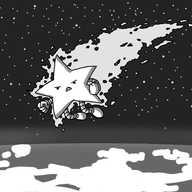 A robot shaped like a five-pointed star with banded arms and legs, enshrouded with fire, hurtling towards a planet against a dark starfield, a glowing ribbon of atmosphere around its edge. The robot has its fists clenched and looks angry.