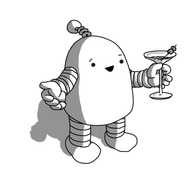 A smiling, round-topped robot with a coiled antenna and banded arms and legs. It has a martini in one hand and is gesturing effusively with the other.