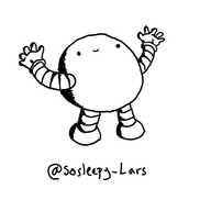 A spherical robot with thick, banded arms and legs. It stands on the ground with its arms stretched wide, looking upwards with a smiley face near the top of its body.