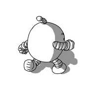 An ovoid robot with banded arms and legs and an antenna, running away from the frame. What's visible of its face appears to be panic stricken.