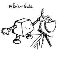 a trapezoid robot with a worried expression, standing on an end table and reaching up to place a railcard in the coat pocket of a passing person.