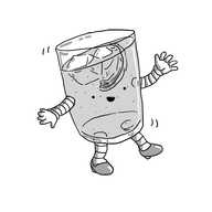 A robot in the form of a glass of gin and tonic, with two ice cubes and a slice of lemon floating in it. It has banded arms and legs and is tottering along on a pair of high heels, while its face on the front of the glass looks happy but a tad lopsided.