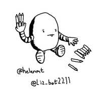 A little ovoid robot sitting on the ground with some pencils in one hand and a eat line of pencils lying next to it. It has an expression of concentration with its tongue sticking out as it works.