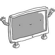 A robot in the form of a flat-screen TV, with little arms on either side and legs on the bottom. Its face is projected by the screen.