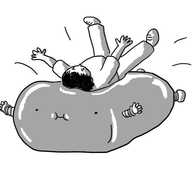 A large robot like a thick, inflatable mattress. It's on the ground with little puffed up cheeks, its limbs sticking out as a person lands on its back.