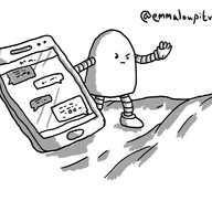 A rounded robot standing atop some bedsheets, propping up a phone with one hand while holding out its other hand and making an angry face to prevent touching.