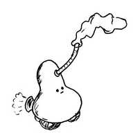 A robot with a shape akin to a butternut squash. Coming from its forehead is a long tube which is attached to a deflated balloon. A pipe at the robot's... uh... rear side is releasing the gas extracted from the balloon back into the atmosphere.