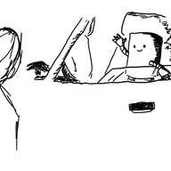 a cylindrical robot leaning out of a car window and waving to a pedestrian with a smile on its face.