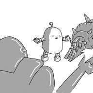 A round-topped robot with banded arms and legs and an antenna stands with hands outstretched and a stern expression on its face between two of the Robot Wars house robots. On one side is the Triceratops-like Matilda with her eyes made to look angry, while in the foreground is the hulking silhouette of Sir Killalot, brandishing its barbed lance and mechanical claw.