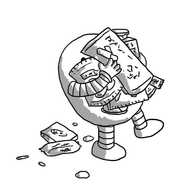 A tottering round robot overburdened with packaged snacks, some of which have fallen to the ground behind it.