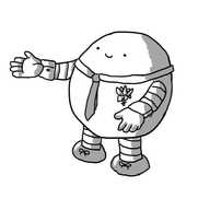 A smiling, round robot wearing a collar and tie, a buttonhole and little cuffs. Its feet are polished black with little laces on them.