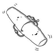 Two robots shaped like cocktail shakers, each with two little arms holding hands to keep their ends together as they move. Both robots are smiling happily, but some fluid is spilling out of the join between them.