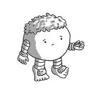 A round robot with banded arms and legs. Its feet have little toes and a tuft of hair on their upper surfaces, and it has a head of curly hair much the same. In one hand it holds a plain ring which it is looking at doubtfully.