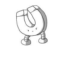 A robot in the form of a horseshoe magnet with its poles at the top and legs on the bottom. It's face is on the curved section and it looks quite angry for some reason.