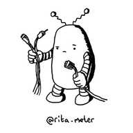 A robot shaped a bit like a pear or aubergine with two antennae like old-fashioned 'bunny ears' TV aerial on its top looking quizzically between several cables held in each hand.