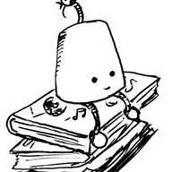 A thimble-shaped robot with a blinking light on the end of its antenna, sitting on top of a small pile of books which are presumably the source of its knowledge.