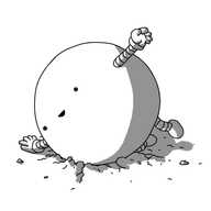 A spherical robot with small banded arms and legs, lying at an angle on the ground, which is visibly cracked beneath it. It's smiling happily.