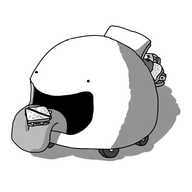 A dome-shaped robot with four small wheels on its underside. It has a hatch on its back which is piled up with bread and sandwich fillings (including a jar of pickles) and a wide mouth with a long tongue sticking out, on which is placed a neat sandwich cut diagonally in half.