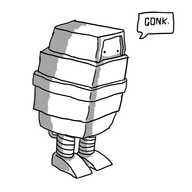 A boxy robot with two legs that looks like the 'gonk droid' that appears in some Star Wars movies. A speech bubble coming from its mouth says "GONK."
