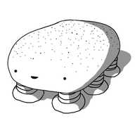A robot shaped like a rounded cuboid, positioned horizontally, with a narrower end foremost. It has six banded legs on its underside and a smiling face at one end, while its top is roughly textured like a pumice stone.
