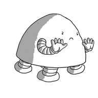 A determined-looking, dome-shaped robot with four stumpy legs and two arms held up with palms outward in a 'halt' motion, leaning slightly forward.