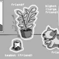 A picture through the eyes of a small robot. A slightly pixelated scene of a room in which a dog is chasing a Teabot, a potted plant stands against one wall and Bigbot is looking in through a window. Each figure in the scene is surrounded by a faintly glowing outline and is labelled: "teabot (friend)", "friend?" beside the dog and the plant and "bigbot (large friend)". In the bottom left corner text reads "objectives: 1. be kind 2. be helpful 3. do my best". Inset at the top left of the frame is a second image, sans pixelation, with a person wearing a dome shaped robot over their head. The robot has little banded arms and a smiling face.