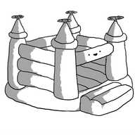 A robot in the form of a bouncy castle, with propellers on each turret and its face on the cross-beam above the entrance.