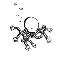 A smiling robot with a bulb-shaped head and a tangle of eight long, flexible arms coming from its underside. Each arm ends in a little gloved hand doing something different- pointing, giving a thumbs up, reaching delicately for something, waving. Bubbles ascend from the robot's head.