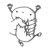 An amorphous robot with little arms and legs and a happy, somewhat vacant expression on its face, being squeezed tightly by a large human hand.