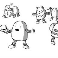 A selection of round-topped robots, performing scenes from Shakespeare plays: one is on its knees staring at blood on its hands, two are swooning over a stage scenery balcony, one is delivering a soliloquy holding a skull, one is dressed in Roman toga and laurels being snuck up on by another weilding a knife, one is wearing a hump and a crown and grinning evilly, and one has donkey ears and looks upset about it.