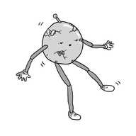 A spherical robot with long, slim jointed limbs. Its body (and the tip of its antenna) are empty globes of transparent glass, and there are already a number of snaking cracks on it, some held together by crosses of tape. The robot looks just about to overbalance and has an expression of alarm on its face.