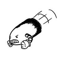 a robot shaped like a bullet, hurtling diagonally downwards with fists clenched and a furious expression on its face.