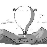 A robot in the form a hot air balloon. The robot's body is the envelope, and a small, cylindrical gondola hangs down beneath it, connected by banded tethers. Two people are riding in it, one of whom is pointing to something on the ground. The robot has two little banded arms held out from its body and is smiling happily. The landscape below consists of rolling hills with fields and the dim outlines of trees and possibly buildings on them, with a ridge of mountains in the background. Three birds are flying off to one side in the distance.