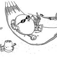 A round robot lying on a hammock on a beach. It's wearing sunglasses and flip-flops and drinking an elaborate cocktail through a long straw. Sandcastlebot is on the ground next to it, playing in the sand with a spade, while in the distance Bigbot wades ashore next to a few palm trees.