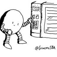 An ovoid robot looking down at its wristwatch (set to 8 o'clock) as it presses a button on a microwave to change a flashing digital display that reads '7:00'.