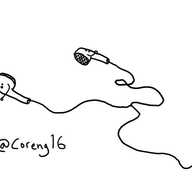 a pair of earphones, connected by a wire. each ear bud is a little robot with its face pointing outwards on the main bulbous part and two little arms on either side.