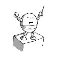 A round robot waving a conductor's baton in one hand. It is wearing a little bowtie and a cummerbund and has its eyes closed as if lost in the music. It stands on raised, square podium.