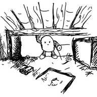 A rounded robot with a determined expression shining a torch under a bed and showing lots of dusty boxes, books, discarded toys etc.